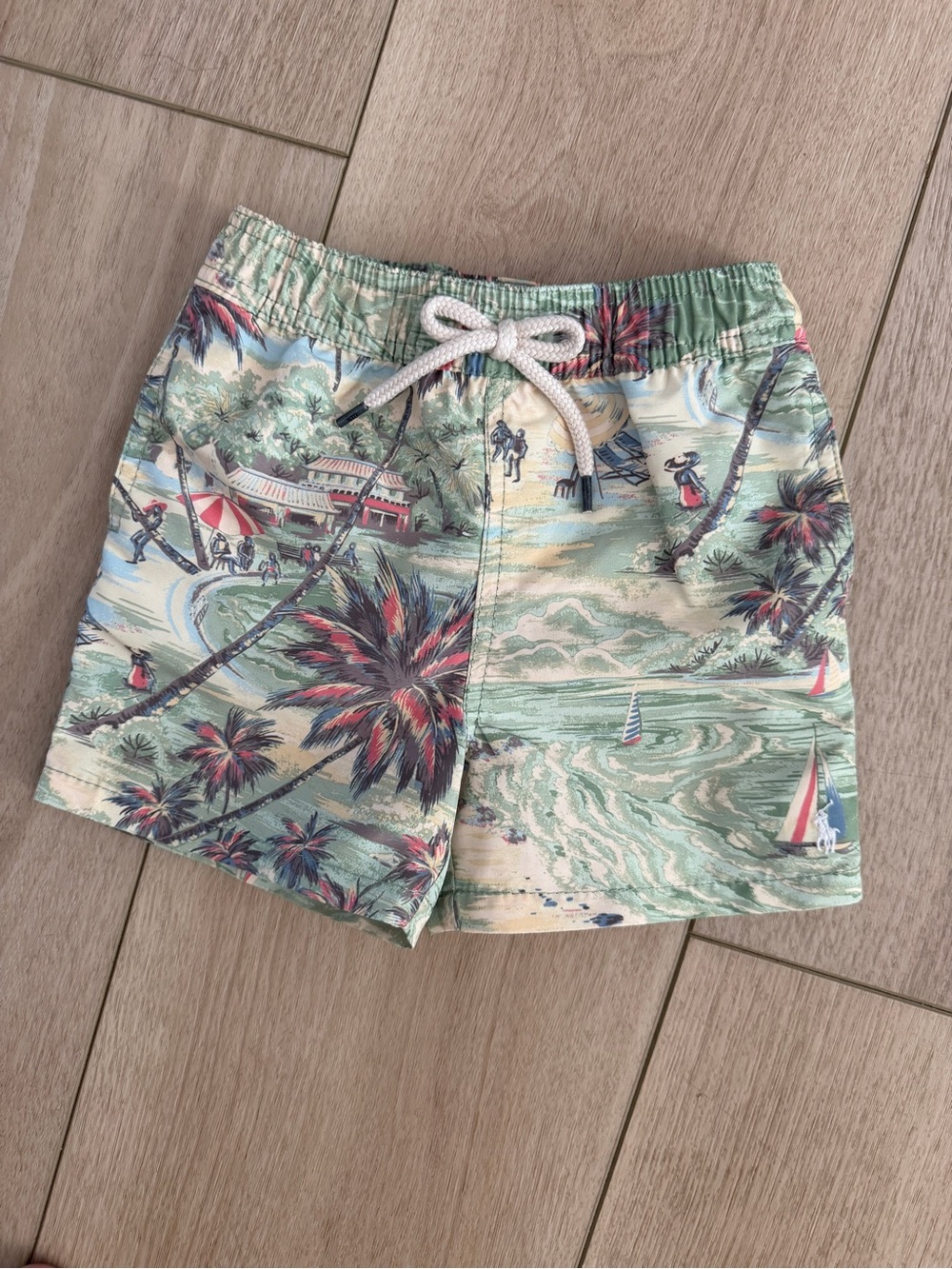 Ralph Lauren Boys Tropical Print Swim Trunks in Mint, Red & Navy